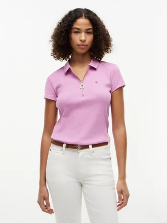 Tommy Hilfiger Womens Slim Fit Zip Polo - Pink - XXL