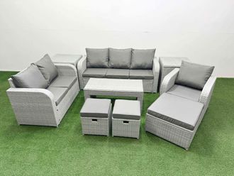 Fimous Patio PE Wicker 9 Seater Outdoor Rattan Furniture Sofa Sets w/ Oblong Coffee Table Reclining Chair Loveseat Sofa 3 Seater Sofa Stool 2 Side