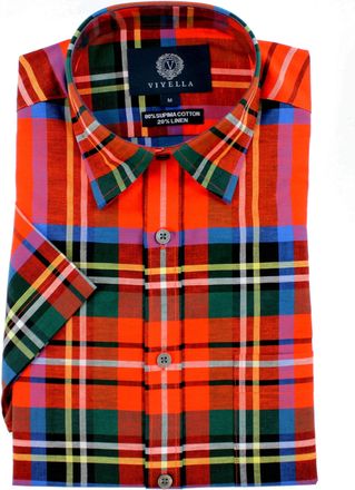 Viyella Classic Fit Royal Stewart Tartan Short Sleeve Supima Cotton & Linen Shirt in Large