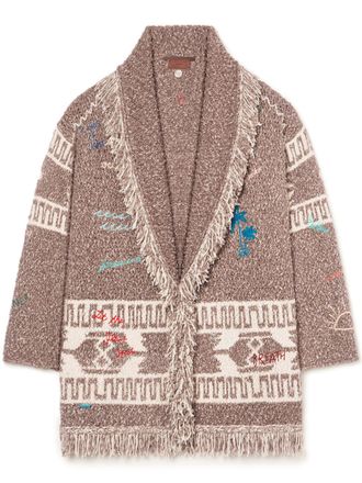 Alanui Textured Knit Cardigan with Shawl Collar and Artistic Embroidery