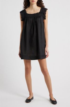 D&ocirc;en Almadia Lace Trim Ramie Shift Minidress in Black at Nordstrom, Size Xx-Large