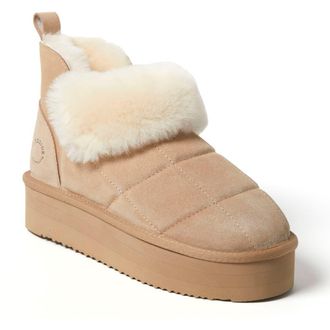 Dearfoams Fireside Bayswater Genuine Shearling Quilted Platform Bootie in Sand at Nordstrom, Size 10