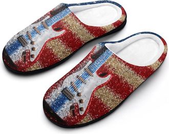 Generic Guitar in Glitter U.S. Flag Mens House Slippers Memory Foam Washable Cotton Slip on Home Shoes
