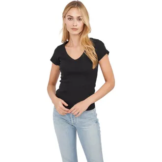 Marea Pointelle V-Neck Tee in Black at Nordstrom, Size X-Large
