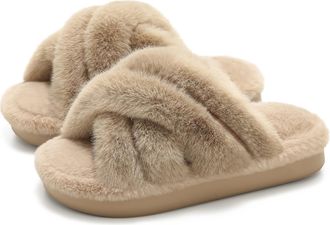 Generic Womens Winter Fuzzy Cross-Band Slippers, Memory Foam Cushioned Indoor Outdoor House Shoes, Non-Slip Warm Platform Slides,Camel,3.5 UK