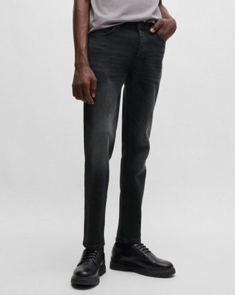 HUGO BOSS Mens Tapered-Fit Stretch Jeans in Black Cotton - Size 34W/34L