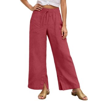 Generic Linen Trousers for Women Wide Leg Loose Cotton Elasticated High Waisted Lounge Palazzo Casual Pants Ladies Elegant Split Hem Lightweight Drawstring Su