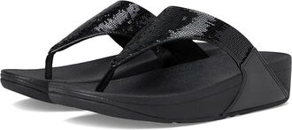 FitFlop Lulu Sequin Toe-Post Sandals Womens Wedge Shoes All Black : 6.5 M (B), Leather