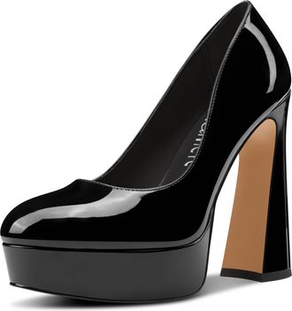 Castamere Womens Chunky Block High Platform Heel Round Toe Pumps Court Shoe Slip-on Office Dress Patent Leather 14 CM Heels Black 5 UK