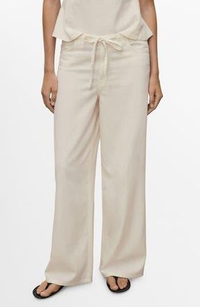 Mango Drawstring Cotton & Linen Wide Leg Pants in Ecru at Nordstrom Rack, Size 2