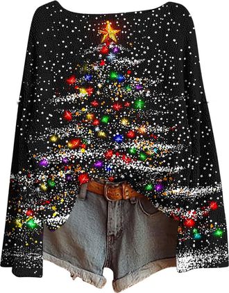 Generic plus size christmas jumpers women Womens Christmas Tree Sweatshirts UK Long Sleeve Novelty Funny Print Jumper Oversized Crewneck Xmas Holiday Casual S