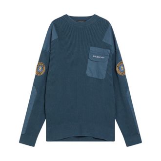 Balenciaga Round-neck Knitwear, male, Blue, Size: S Blue Crewneck Sweater