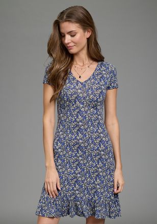 Laura Scott Sommerkleid LAURA SCOTT, Damen, Gr. 34, N-Gr, blau, gebl&uuml;mt, Single Jersey, Obermaterial: 95% Viskose, 5% Elasthan, gebl&uuml;mt, figurumspielend mini, V-A