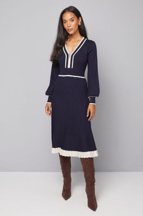 Wallis Womens Zip Front Pleated Knitted Midi Dress - Navy Viscose - Size X-Large