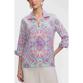Foxcroft Agnes Paisley Linen Blend Pullover Shirt in Green/Multi at Nordstrom, Size X-Small