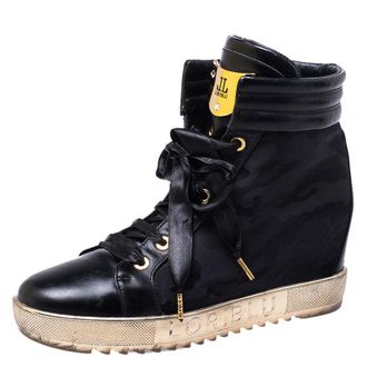 Loriblu Black Leather And Nylon Lace Up Wedge Sneakers