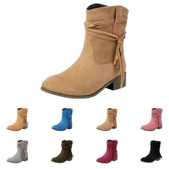 Generic Womens Lace Up Ankle Boots Womens Mid Calf Boots Side Drawstring Boot Low Block Party Boot Pull On Dress Booties Comfortable Wide Fit Bootie For Ladie