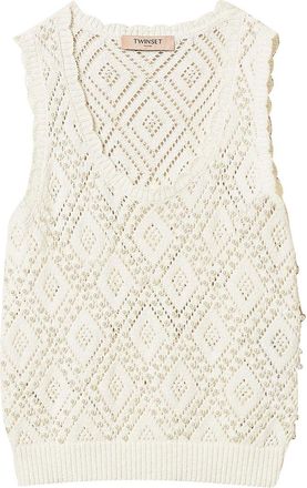 Twin-Set Openwork Knit Top with Pearl Embellishments