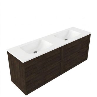 Saniclass Holz Frame Badkamermeubelset - 160x45x77.5cm - Torino solid surface wastafel wit - zonder kraangat - 4 lades - mat eiken charcoal (hout)