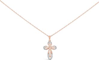 House of Brilliance 10K Rose Gold Plated Sterling Silver 1/6 Cttw Diamond Double Loop Cross Pendant Necklace