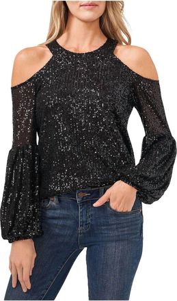CeCe by Cynthia Steffe Womens Sequined Cold Shoulder Blouse In Black