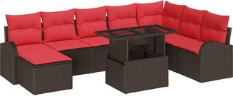 vidaXL Conjunto De Sof&aacute; De Jard&iacute;n 9 Uds. Marr&oacute;n Y Rojo Rat&aacute;n Sint&eacute;tico Vidaxl