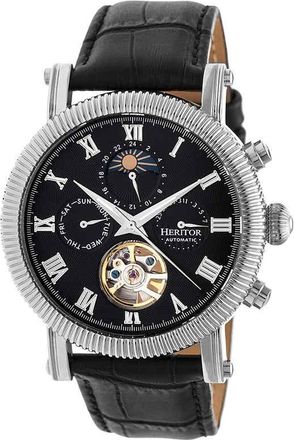 Heritor Winston Silver-tone Case Black Moonphase Dial Black Leather Strap Automatic Mens Watch HR5202