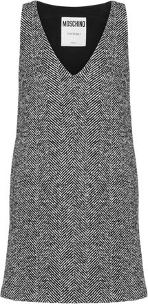 Moschino V-neck herringbone-pattern dress - women - Silk/Cotton/Acrylic/Polyester/Virgin Wool - 36 - Grey
