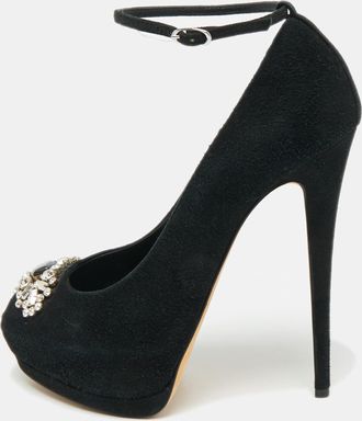 Giuseppe Zanotti Black Suede Crystal Embellished Ankle Strap Peep Toe Platform Pumps