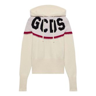 GCDS Hoodies, female, Beige, Size: M Logo Knit Cropped Hoodie