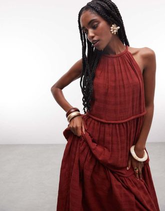 Asos Prendisole lungo allacciato al collo a balze color ruggine con profili spessi-Rosso