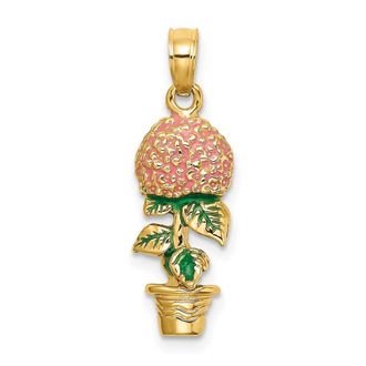 Diamond2Deal 14k Yellow Gold 3-D Enameled Pink Hydrangea Flowers In Pot Charm Pendant