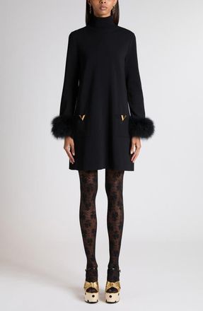 Valentino Feather Trim Long Sleeve Sweater Minidress in Black at Nordstrom, Size Small