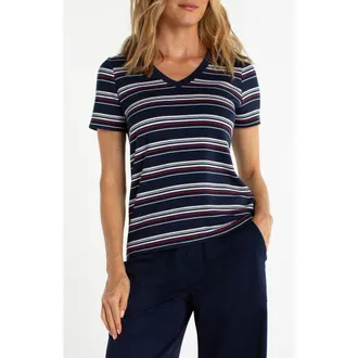 Liverpool L.A. Short Sleeve V-Neck T-Shirt in Dark Navy/White/Red Stripe at Nordstrom, Size X-Small P