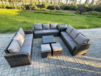 Fimous Rattan Outdoor Furniture Set Patio Garden Sofa Set with Side Table Square Coffee Table 3 Seater Sofa Dark Grey Mixed
