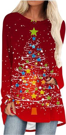 Generic Womens Christmas Tops Long Sleeve Xmas Tree Print T-Shirts Ladies Stylish Funny Christmas Jumpers Loose Fit Longline Tunic Blouse for Holiday Casual G
