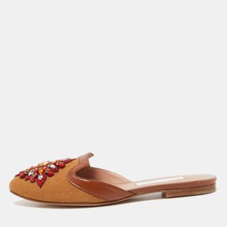 Oscar De La Renta Oscar De La Renta Brown Canvas And Leather Spanish Embellished Flat Mules
