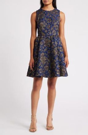 Chelsea28 Metallic Brocade Fit & Flare Cocktail Minidress in Navy- Gold Brocade at Nordstrom Rack, Size Small