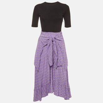 Maje Black/purple Bow Print Jersey And Crepe Trompe Loeil Midi Dress