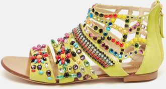 Giuseppe Zanotti Yellow Suede Crystal Embellished Gladiator Flat Sandals