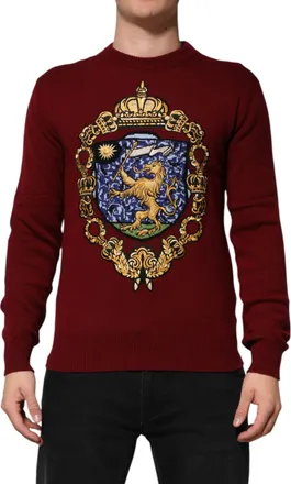 Dolce & Gabbana Mens Embroidered Lion Crest Cashmere Sweater Burgundy