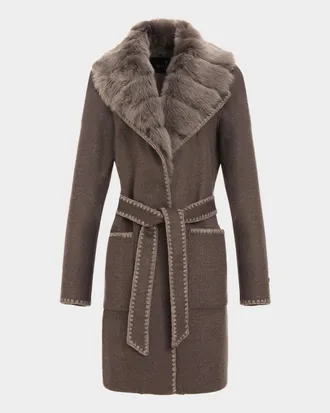 Gorski Belted Cashmere-Wool Stroller with Detachable Merinillo Lamb Shearling Collar