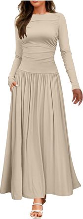 Generic Womens 2025 Fall Knit Plain Empire Waist Dresses, Long Sleeve Casual Fit Slim Pleated Long Sundresss with Pockets Khaki