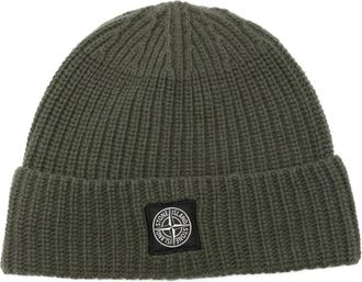 Stone Island Groene wollen gebreide muts met logo - Heren - Hoeden - Groen - ONE Size - Wol - Accessoires