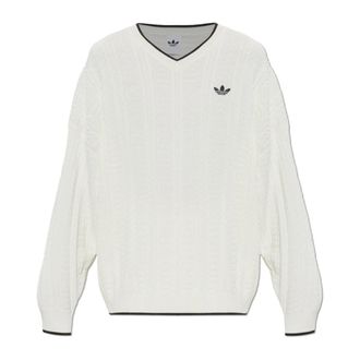 adidas Trui met V-hals en Kabelsteek - Heren - V-hals truien - Wit - S - Katoen - Truien & Vesten