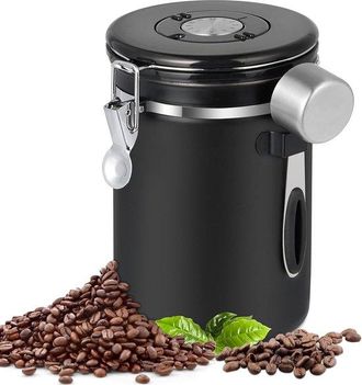 No Brand Bote Para Caf&eacute; - Sellado - Acero Inoxidable - 1,8 Litros - Con Cuchara Medidora Y Calendario - Contenedor Para Almacenar Granos De Caf&eacute; - Negro