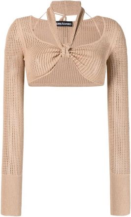 ADĀMO Andrea Adamo Open-knit Halterneck Crop Top - Dames - Longsleeves - Beige - S - Polyester - Tops