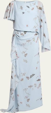 Erdem Garden-Print Draped Chiffon Gown