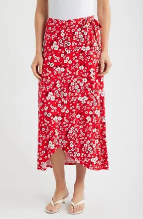 Loveappella Floral Faux Wrap Knit Midi Skirt in Red at Nordstrom, Size X-Large