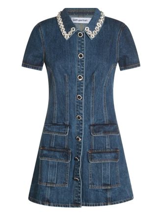 Self Portrait Denim Crystal Trim Collared Mini Dress